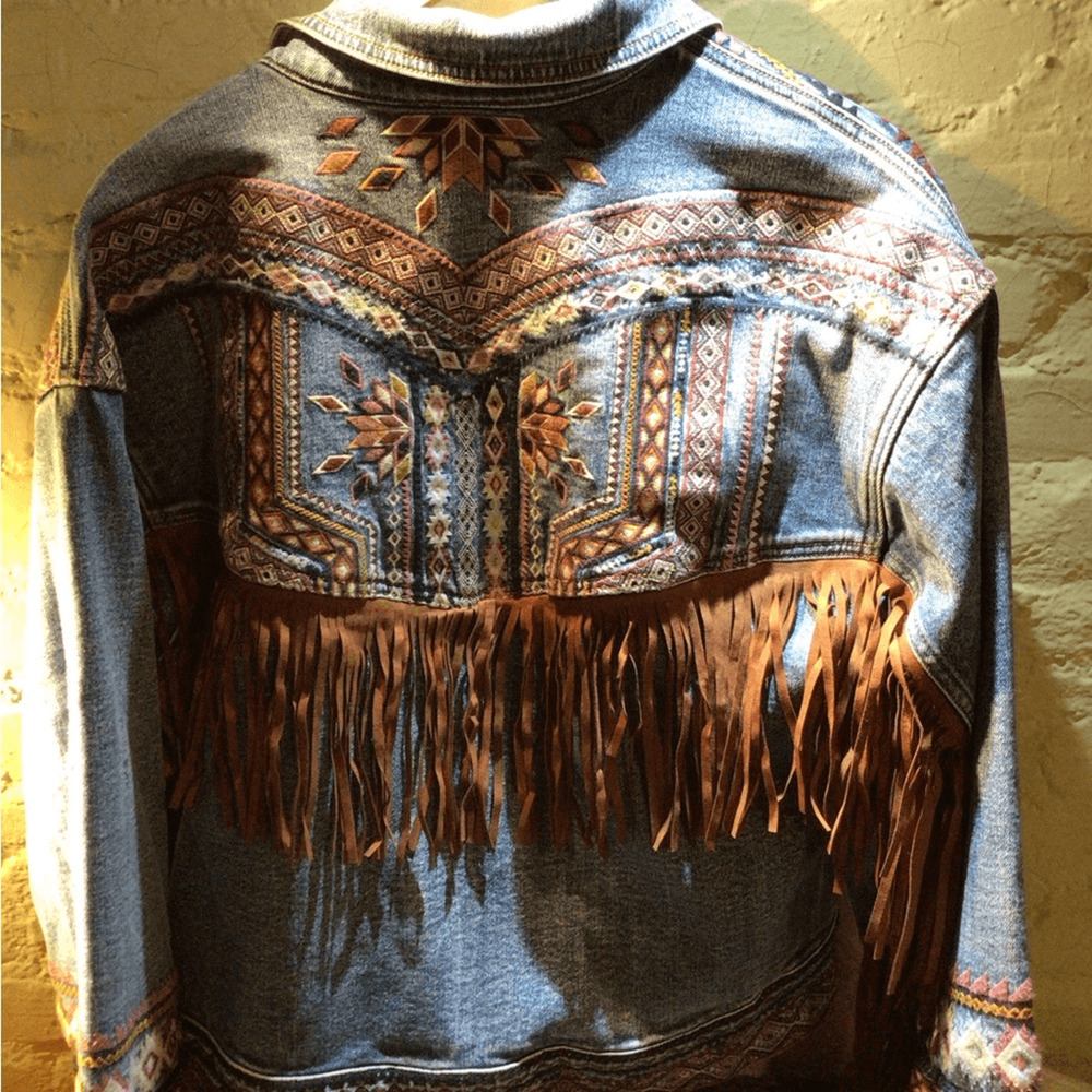 NEW Driftwood Boho Fringe jacket Denim Jacket with Multicolor Pattern - Picture 7 of 9